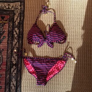 Striped nautical string Bikini Set with anchor Charm Details.